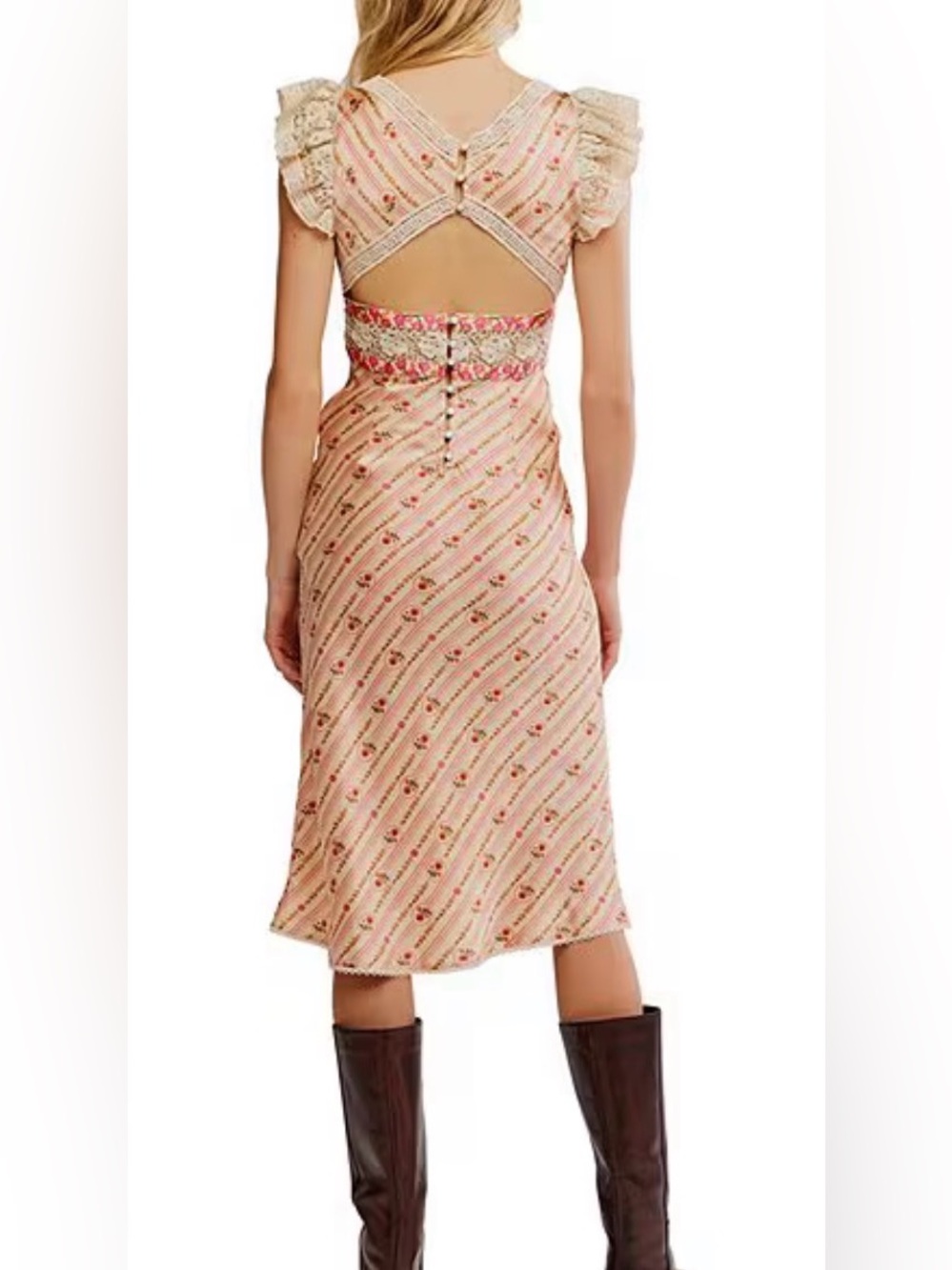NWT Free People Bali Belle Floral Ruffle Satin Midi Dress in Color: Soft Pink - Picture 2 of 5